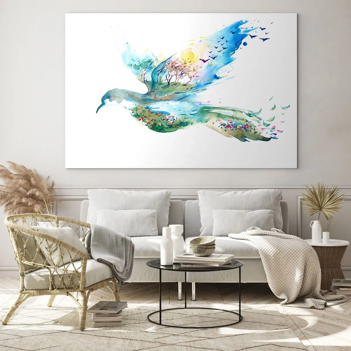 Glasbild - Bild auf glas - Aquarell-Silhouette eines Vogels mit einer Landschaft im Hintergrund - 120x80cm - Auf den Flügeln der Natur - Moderne Wanddekoration für Wohnzimmer und Schlafzimmer ARTTOR