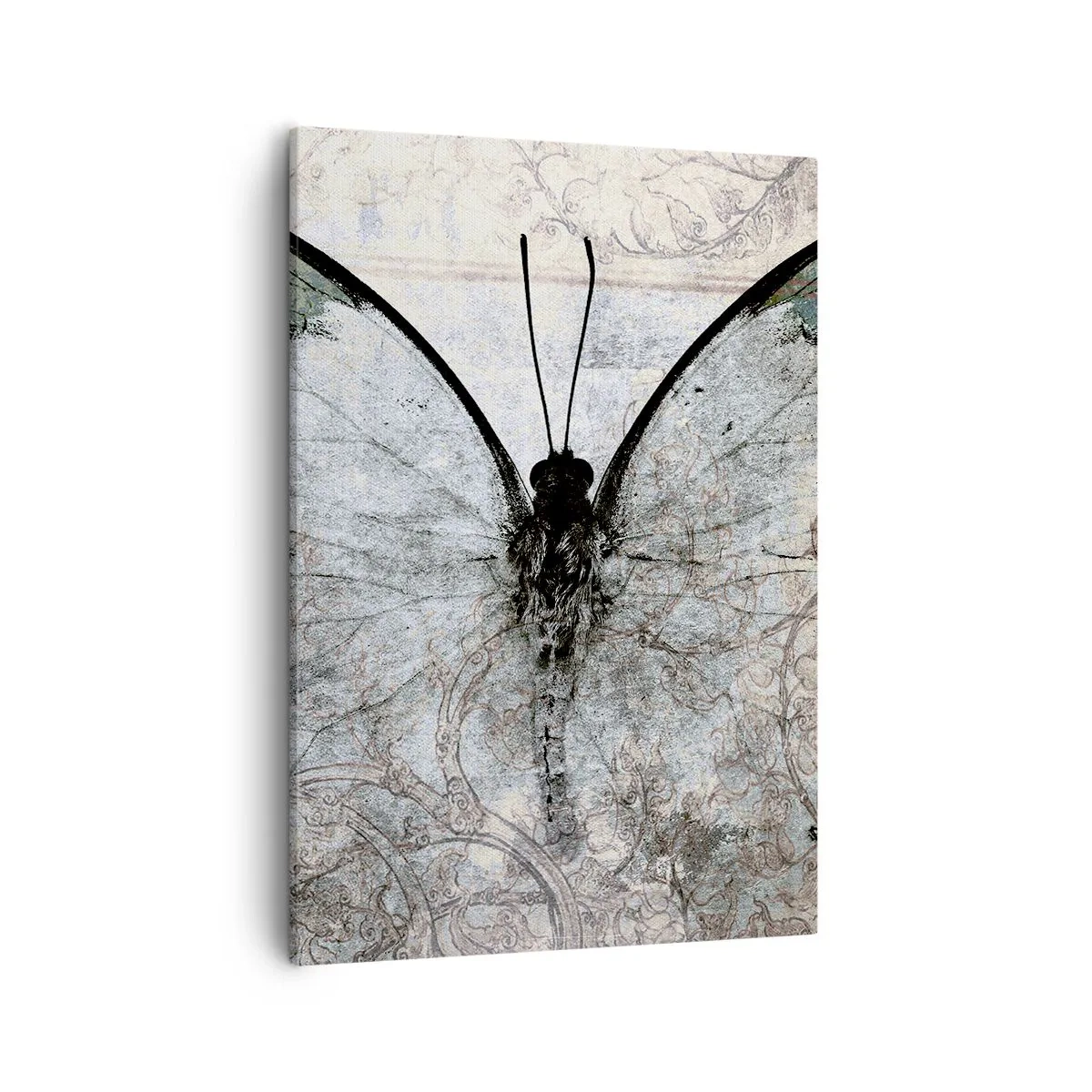 Bild auf Leinwand - Leinwandbild - Ein Schmetterling in Grün- und Grautönen auf dekorativem Hintergrund - 50x70cm - Im Jugendstil - Moderne Wanddekoration für Wohnzimmer und Schlafzimmer ARTTOR
