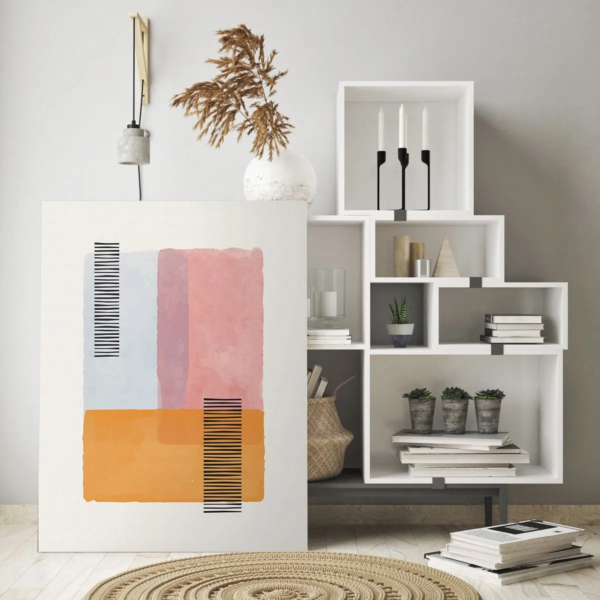 Glasbild - Bild auf glas - Geometrie in Pastellfarben mit Linien auf hellem Hintergrund - 80x120cm - Von Ecke zu Ecke - Moderne Wanddekoration für Wohnzimmer und Schlafzimmer ARTTOR