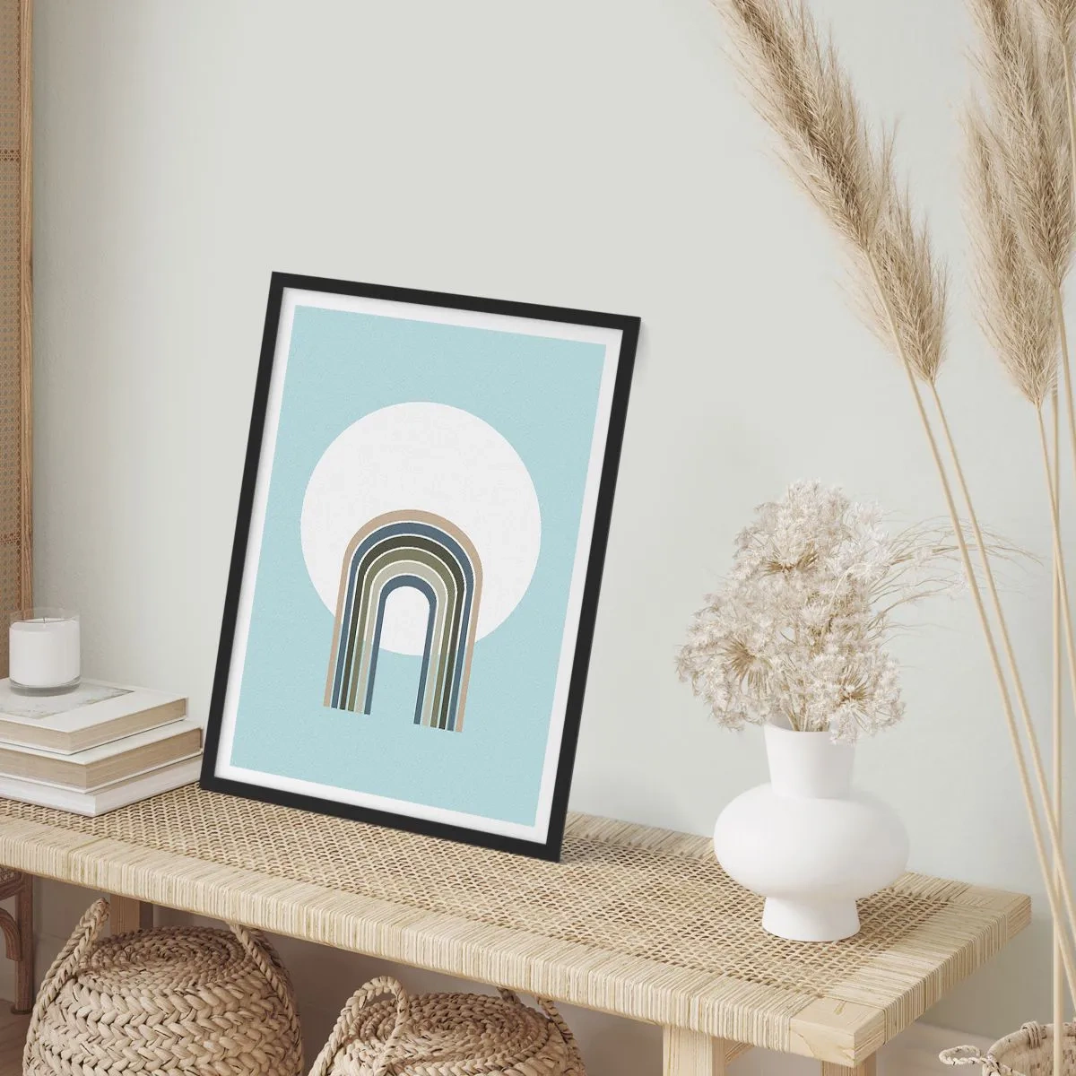 Poster in einem schwarzem Rahmen - Ein minimalistischer Bogen mit Pastelltönen vor einem kreisförmigen Hintergrund - 50x70cm - Unwiderstehliche Anziehungskraft - Moderne Wanddekoration für Wohnzimmer und Schlafzimmer ARTTOR