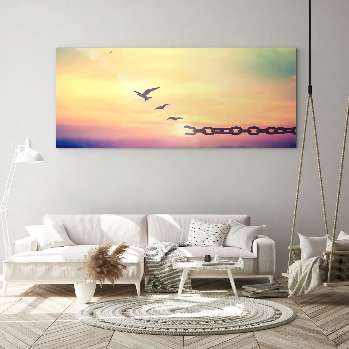 Glasbild - Bild auf glas - Symbol der Freiheit mit Vögeln und einer zerbrochenen Kette - 120x50cm - Der Sieg der Freiheit - Moderne Wanddekoration für Wohnzimmer und Schlafzimmer ARTTOR