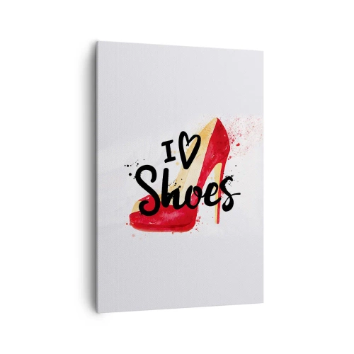 Bild auf Leinwand - Leinwandbild - Roter Stiletto mit der Aufschrift „I love Shoes“ auf weißem Hintergrund - 70x100cm - Liebe hat viele Namen - Moderne Wanddekoration für Wohnzimmer und Schlafzimmer ARTTOR