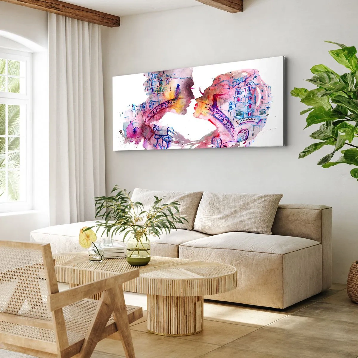 Bild auf Leinwand - Leinwandbild - Ein romantisches Aquarell, das die Silhouetten von Liebenden darstellt - 120x50cm - Die geheime Seufzerbrücke - Moderne Wanddekoration für Wohnzimmer und Schlafzimmer ARTTOR