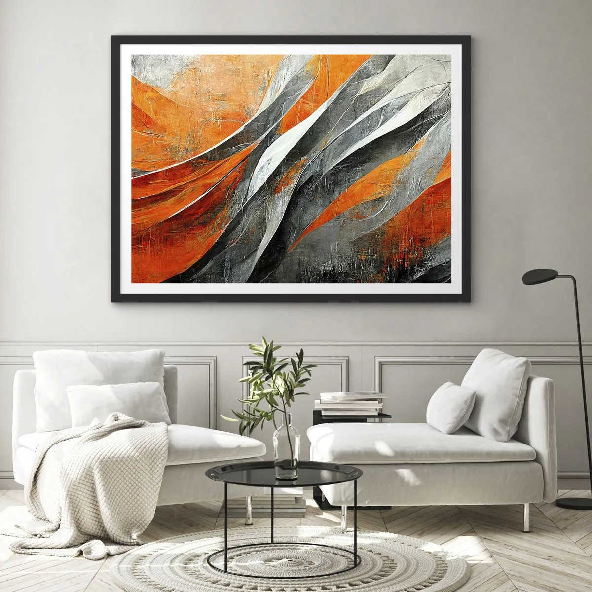 Poster in einem schwarzem Rahmen - Abstrakte Linien in Orange- und Grautönen - 100x70cm - Hitze und Kälte - Moderne Wanddekoration für Wohnzimmer und Schlafzimmer ARTTOR