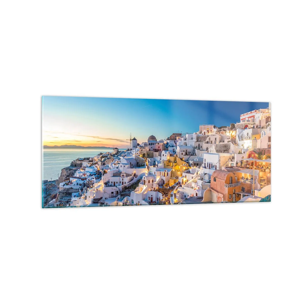 Glasbild - Bild auf glas - Blick auf eine griechische Stadt bei Sonnenuntergang - 120x50cm - Die Essenz des Griechischen - Moderne Wanddekoration für Wohnzimmer und Schlafzimmer ARTTOR
