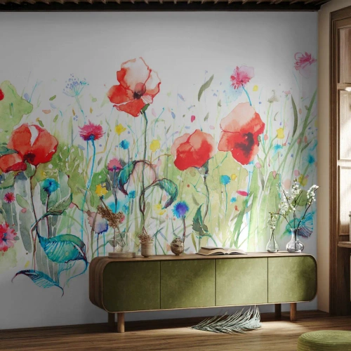 Fototapete Premium Canvas - Blühende Maiwiese - Blumen, Mohnblumen, Garten - 150x105 cm