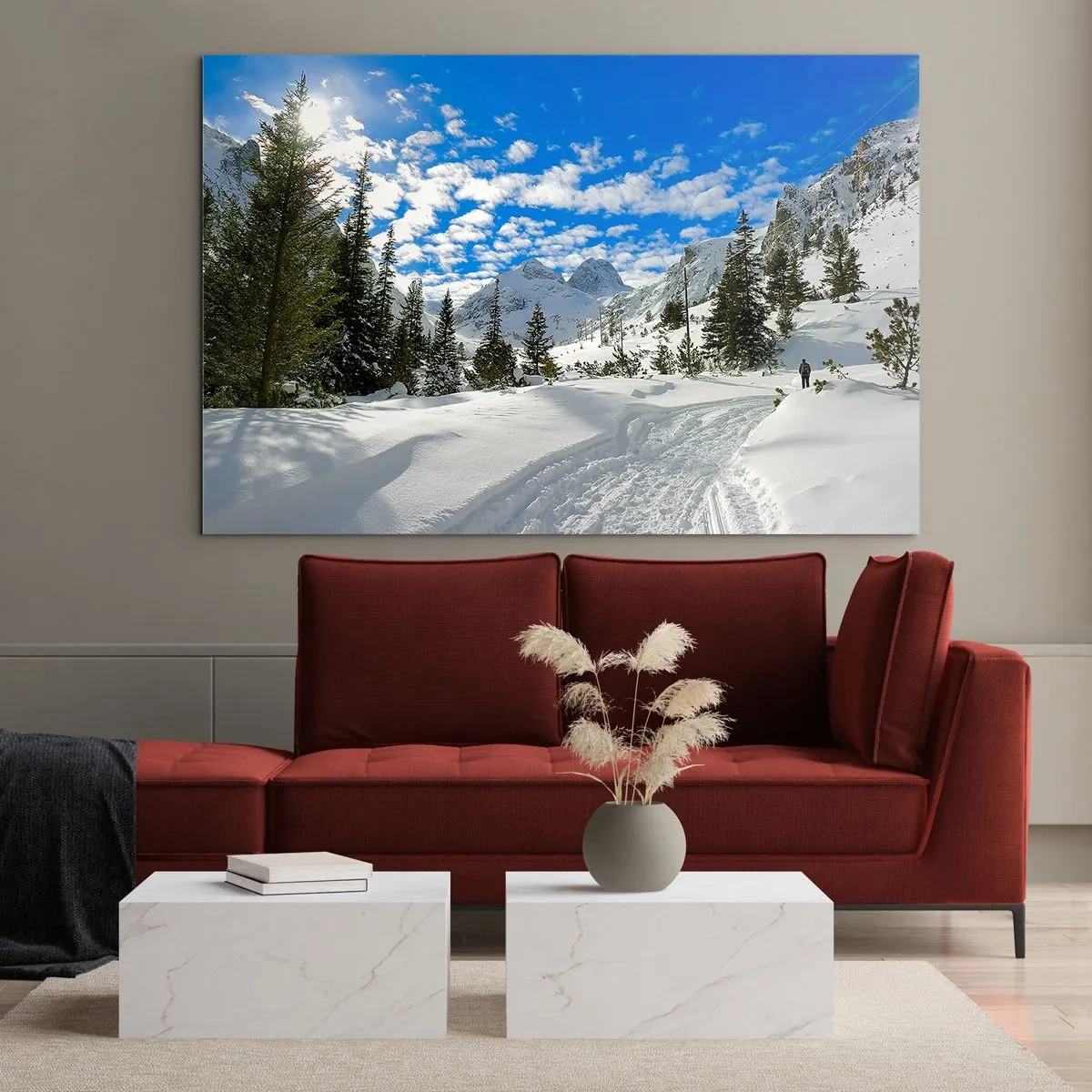 Glasbild - Bild auf glas - Winterliche Berglandschaft mit Wald und blauem Himmel - 120x80cm - Im Schnee und in der Sonne - Moderne Wanddekoration für Wohnzimmer und Schlafzimmer ARTTOR