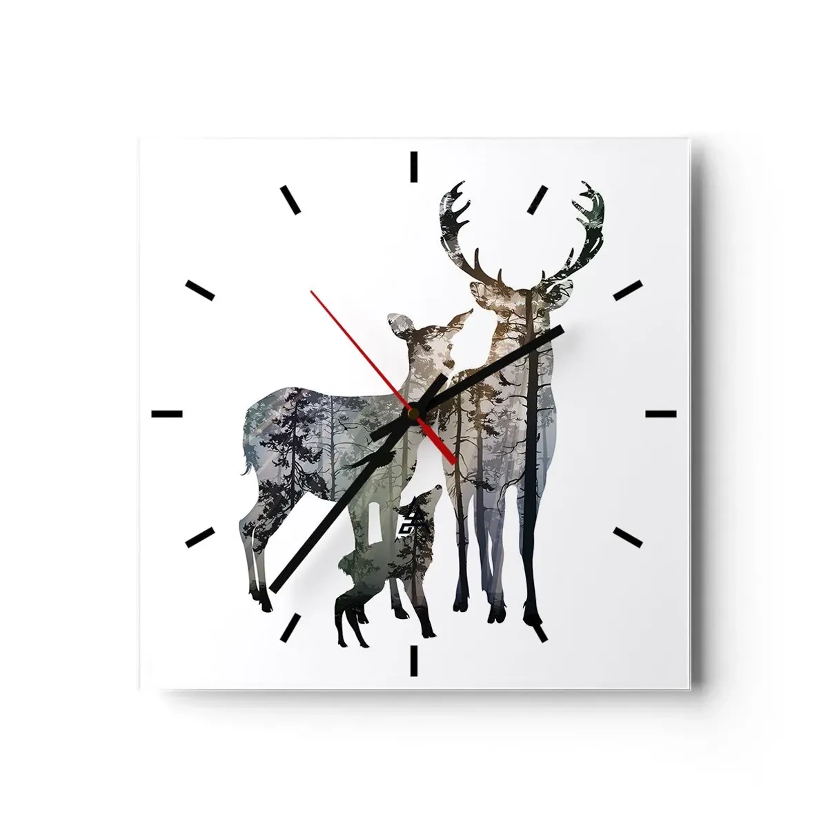 Wanduhr - Glasuhr - Waldlandschaft in den Silhouetten von Hirschen - 30x30cm - Familienfotografie - Moderne Wanddekoration für Wohnzimmer und Schlafzimmer ARTTOR