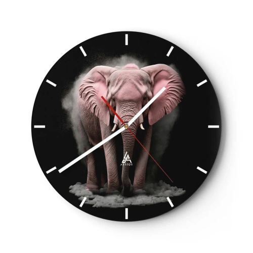 Wanduhr - Glasuhr - Ein rosa Elefant auf schwarzem Hintergrund, umgeben von Nebel - 30x30cm - Denke nicht an einen rosa Elefanten! - Moderne Wanddekoration für Wohnzimmer, Küche und Schlafzimmer ARTTOR