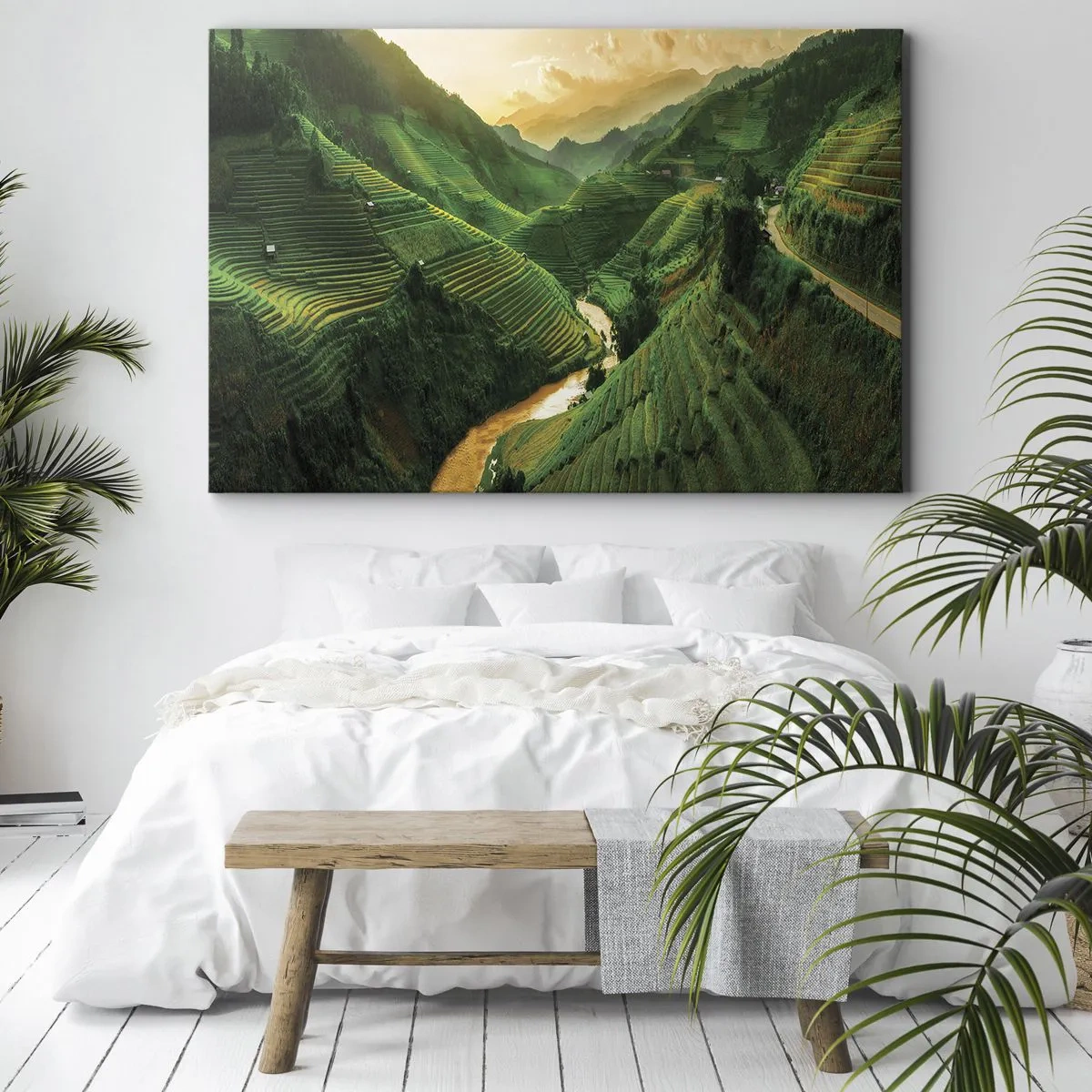 Bild auf Leinwand - Leinwandbild - Malerische Reisterrassen in einem grünen Tal, beleuchtet von der untergehenden Sonne - 120x80cm - Vietnamesisches Tal - Moderne Wanddekoration für Wohnzimmer und Schlafzimmer ARTTOR
