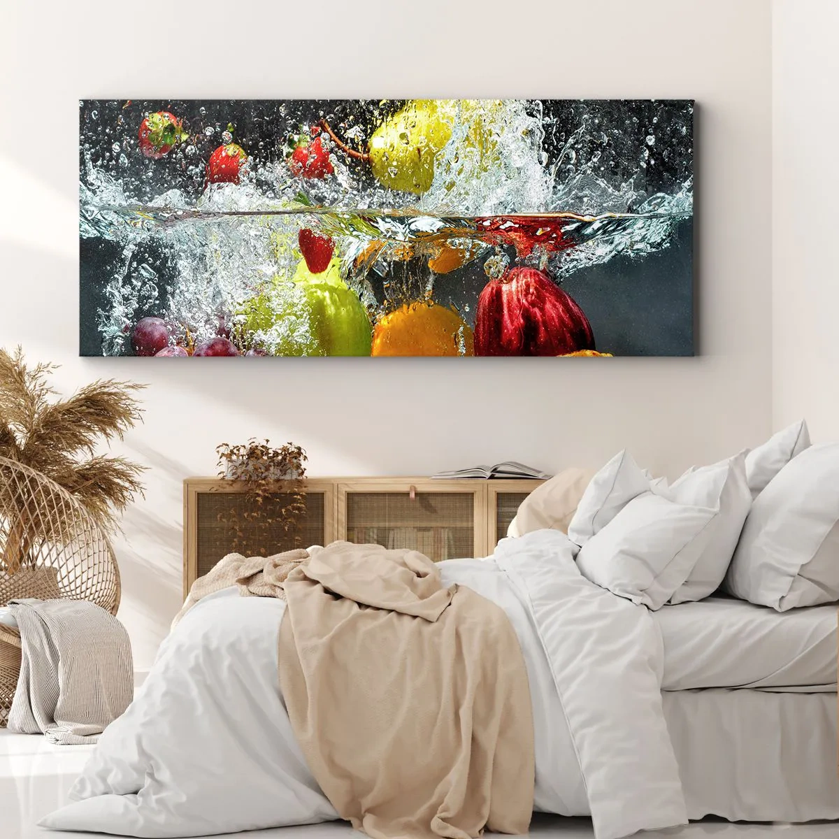 Bild auf Leinwand - Leinwandbild - Bunte Früchte im Wasser bei dynamischer Immersion - 160x50cm - Fruchterfrischung - Moderne Wanddekoration für Wohnzimmer und Schlafzimmer ARTTOR