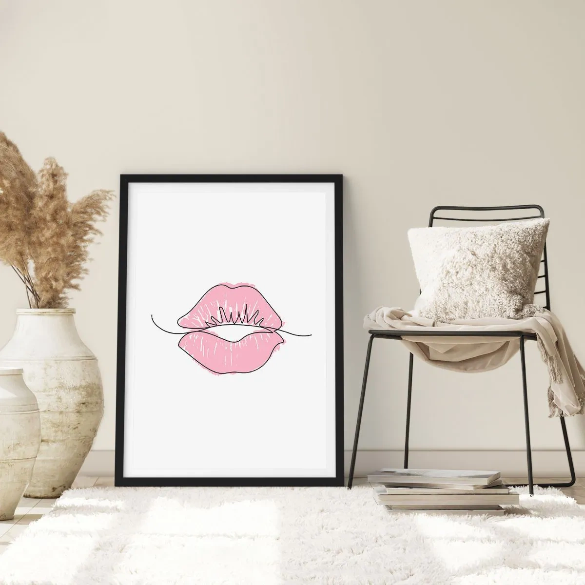 Poster in einem schwarzem Rahmen - Minimalistische Illustration von rosa Lippen auf weißem Hintergrund - 50x70cm - Bereit zum Küssen? - Moderne Wanddekoration für Wohnzimmer und Schlafzimmer ARTTOR