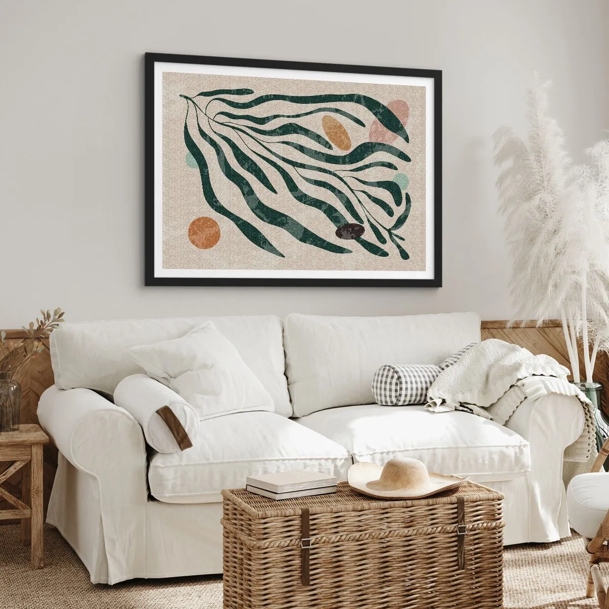 Poster in einem schwarzem Rahmen - Organische Linien und Formen in Grün und Beige - 100x70cm - Im Grünen - Moderne Wanddekoration für Wohnzimmer und Schlafzimmer ARTTOR