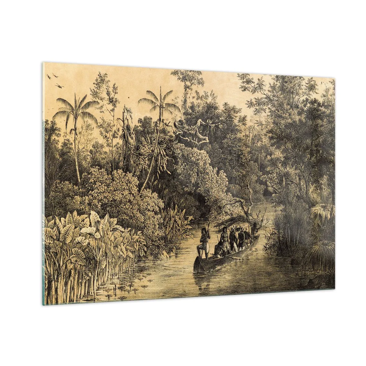Glasbild - Bild auf glas - Retro-Druck, der eine Reise durch den Dschungel darstellt - 100x70cm - Expedition zur Quelle - Moderne Wanddekoration für Wohnzimmer und Schlafzimmer ARTTOR
