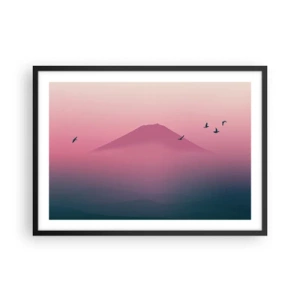 Poster in einem schwarzem Rahmen - Eine minimalistische Landschaft mit einem Berg und Vögeln bei Sonnenaufgang - 70x50cm - Wanderer über den Wolken - Moderne Wanddekoration für Wohnzimmer und Schlafzimmer ARTTOR