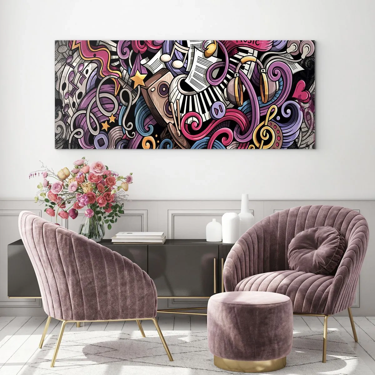 Glasbild - Bild auf glas - Eine musikalische Abstraktion voller farbenfroher Instrumente und Noten. - 120x50cm - Komplizierte Melodie - Moderne Wanddekoration für Wohnzimmer und Schlafzimmer ARTTOR