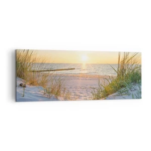 Bild auf Leinwand - Leinwandbild - Ein Sandstrand mit Blick auf den Sonnenuntergang über dem Meer - 140x50cm - Das Rauschen des Meeres, der Gesang der Vögel, ein wilder Strand im Gras ... - Moderne Wanddekoration für Wohnzimmer und Schlafzimmer ARTTOR