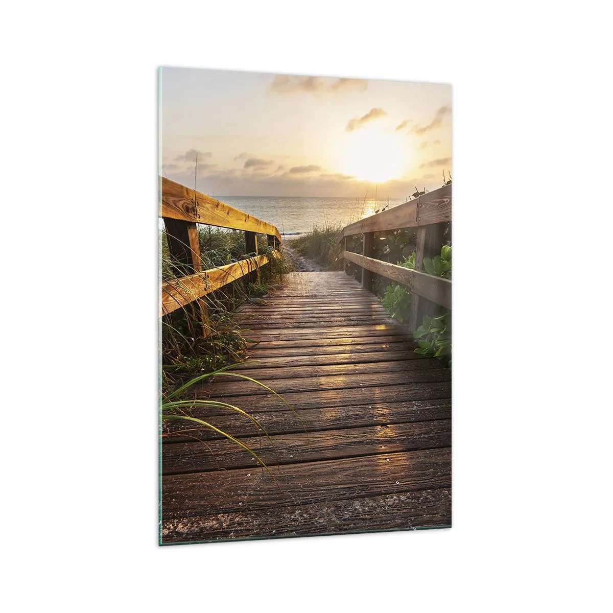 Glasbild - Bild auf glas - Holzsteg zum Strand bei Sonnenuntergang - 70x100cm - Und direkt ans Ufer - Moderne Wanddekoration für Wohnzimmer und Schlafzimmer ARTTOR