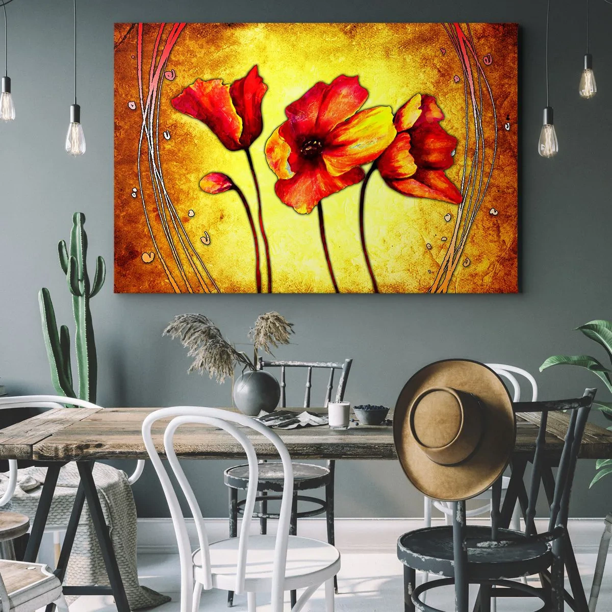 Bild auf Leinwand - Leinwandbild - Rote und gelbe Blumen auf goldenem Hintergrund mit dekorativen Mustern - 70x50cm - In Jugendstil-Dekorationen - Moderne Wanddekoration für Wohnzimmer und Schlafzimmer ARTTOR