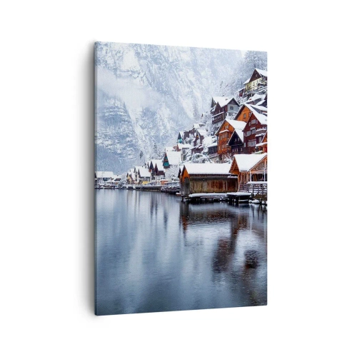Bild auf Leinwand - Leinwandbild - Winteransicht eines Bergdorfes am See - 50x70cm - In winterlicher Dekoration - Moderne Wanddekoration für Wohnzimmer und Schlafzimmer ARTTOR