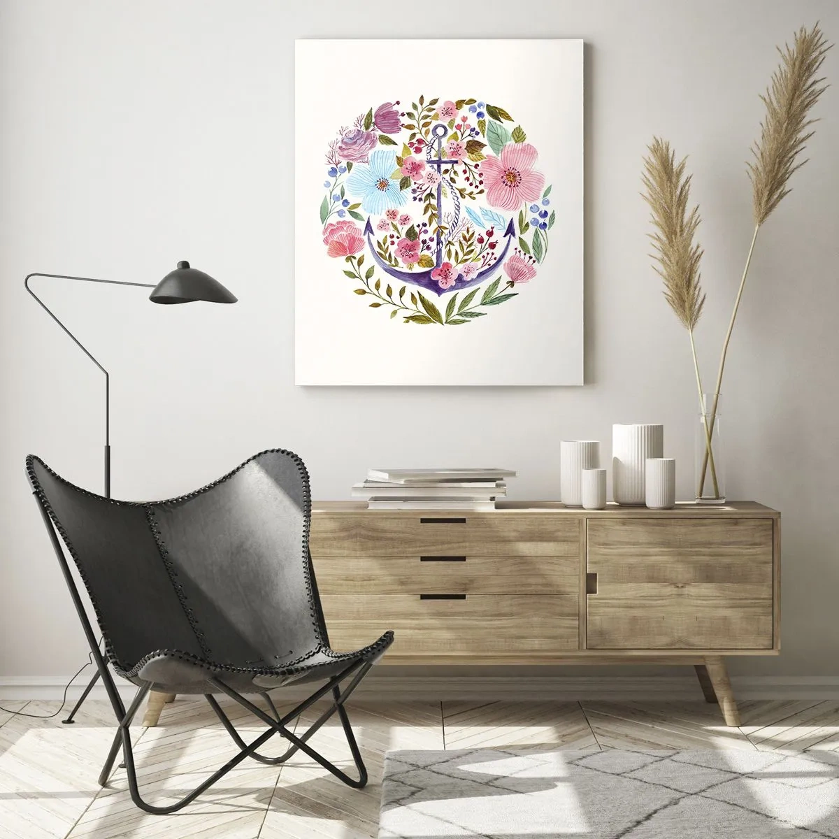 Glasbild - Bild auf glas - Ein Anker, umgeben von bunten Aquarellblumen - 50x70cm - Guter Traum eines Seemanns - Moderne Wanddekoration für Wohnzimmer und Schlafzimmer ARTTOR