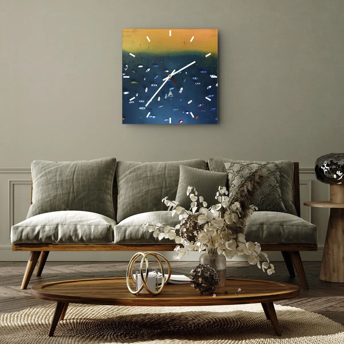 Wanduhr - Glasuhr - Luftaufnahme von Booten auf dem Wasser und einem Sandstrand - 30x30cm - Feiertagsspiel - Moderne Wanddekoration für Wohnzimmer und Schlafzimmer ARTTOR