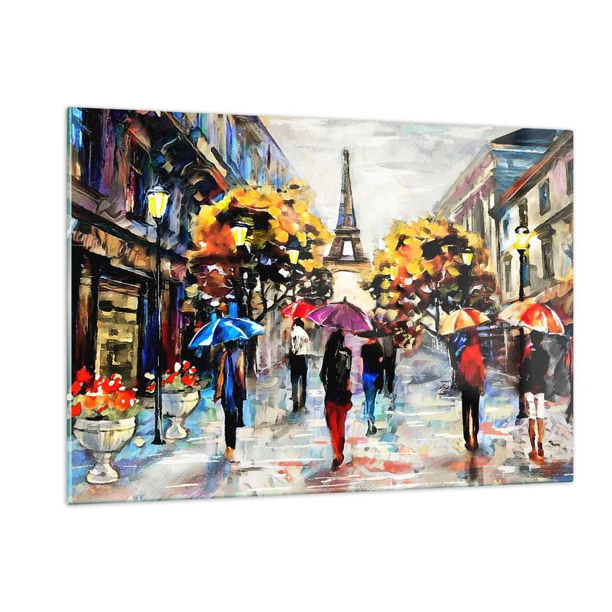 Glasbild - Bild auf glas - Der Eiffelturm im Hintergrund mit Menschen, die unter bunten Regenschirmen spazieren gehen - 120x80cm - Besonders schön im Herbst - Moderne Wanddekoration für Wohnzimmer und Schlafzimmer ARTTOR