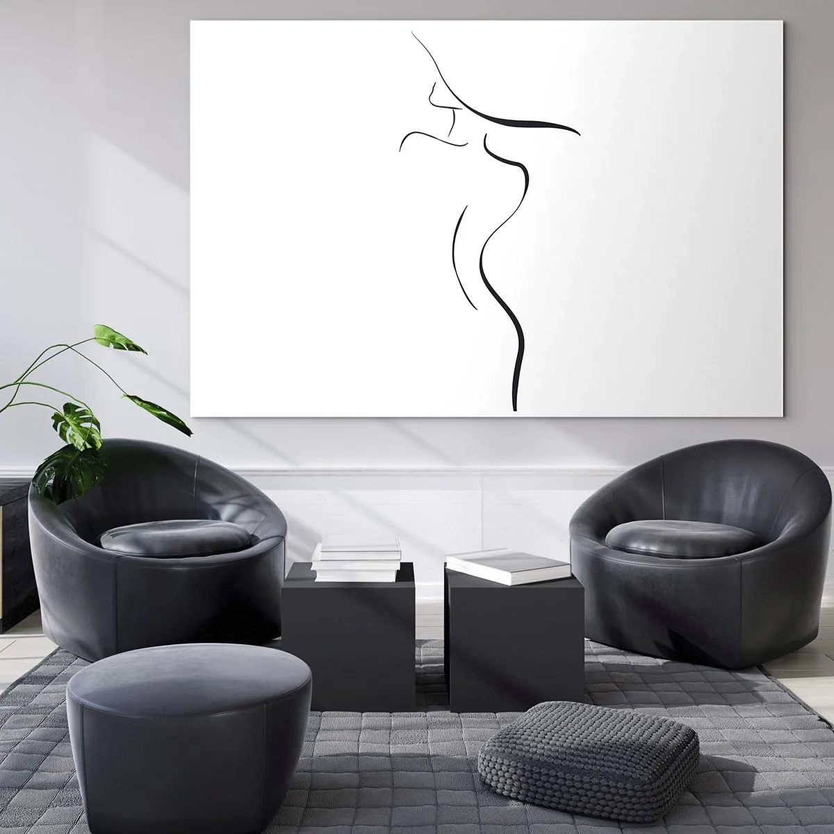 Glasbild - Bild auf glas - Minimalistischer Umriss einer weiblichen Silhouette in Schwarzweiß - 100x70cm - Flüchtig wie eine Welle - Moderne Wanddekoration für Wohnzimmer und Schlafzimmer ARTTOR