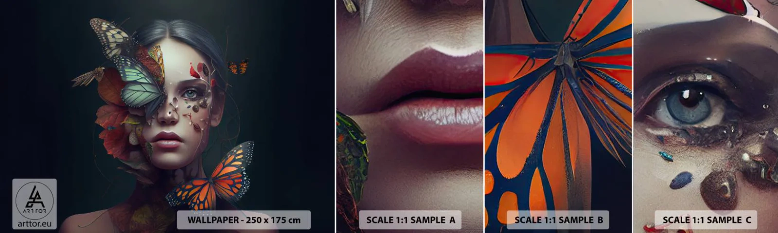 Fototapetenmuster Standard Eco - Wunderbare Metamorphose - Schmetterlinge, Gesicht, Frau - 100x30 cm