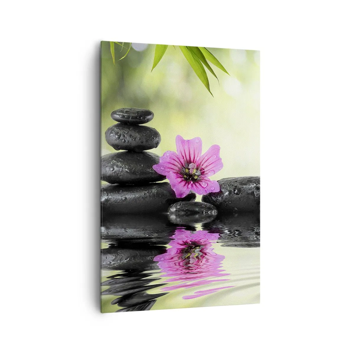 Bild auf Leinwand - Leinwandbild - Zen-Steine und eine rosa Blume spiegeln sich im Wasser - 80x120cm - Zeit für die Seele - Moderne Wanddekoration für Wohnzimmer und Schlafzimmer ARTTOR