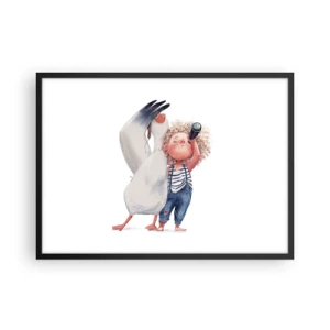Poster in einem schwarzem Rahmen - Illustration eines Kindes mit einem Pelikan und einem Teleskop in der Hand - 70x50cm - Toller Reiseplan - Moderne Wanddekoration für Wohnzimmer und Schlafzimmer ARTTOR