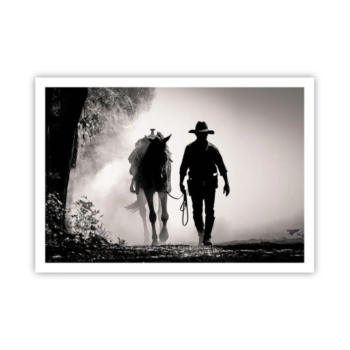 Poster - Cowboy mit Pferd im Morgennebel - 100x70cm - Texas-Morgen - Moderne Wanddekoration für Wohnzimmer und Schlafzimmer ARTTOR