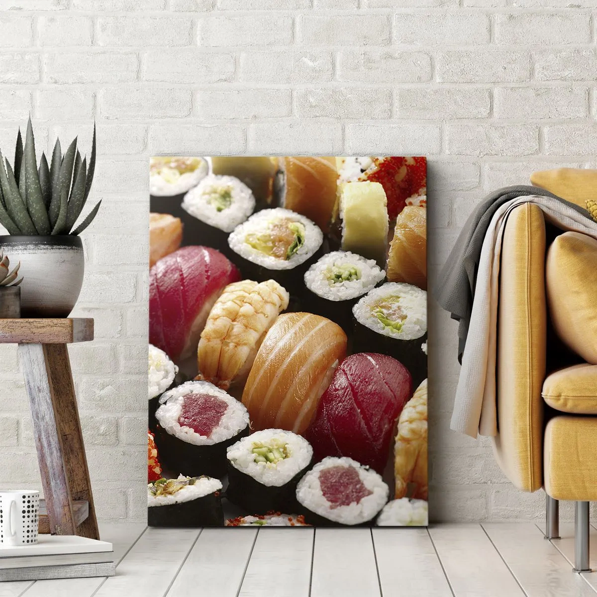 Bild auf Leinwand - Leinwandbild - Buntes Sushi in Reihen angeordnet mit verschiedenen Toppings - 50x70cm - Farben und Aromen Asiens - Moderne Wanddekoration für Wohnzimmer und Schlafzimmer ARTTOR