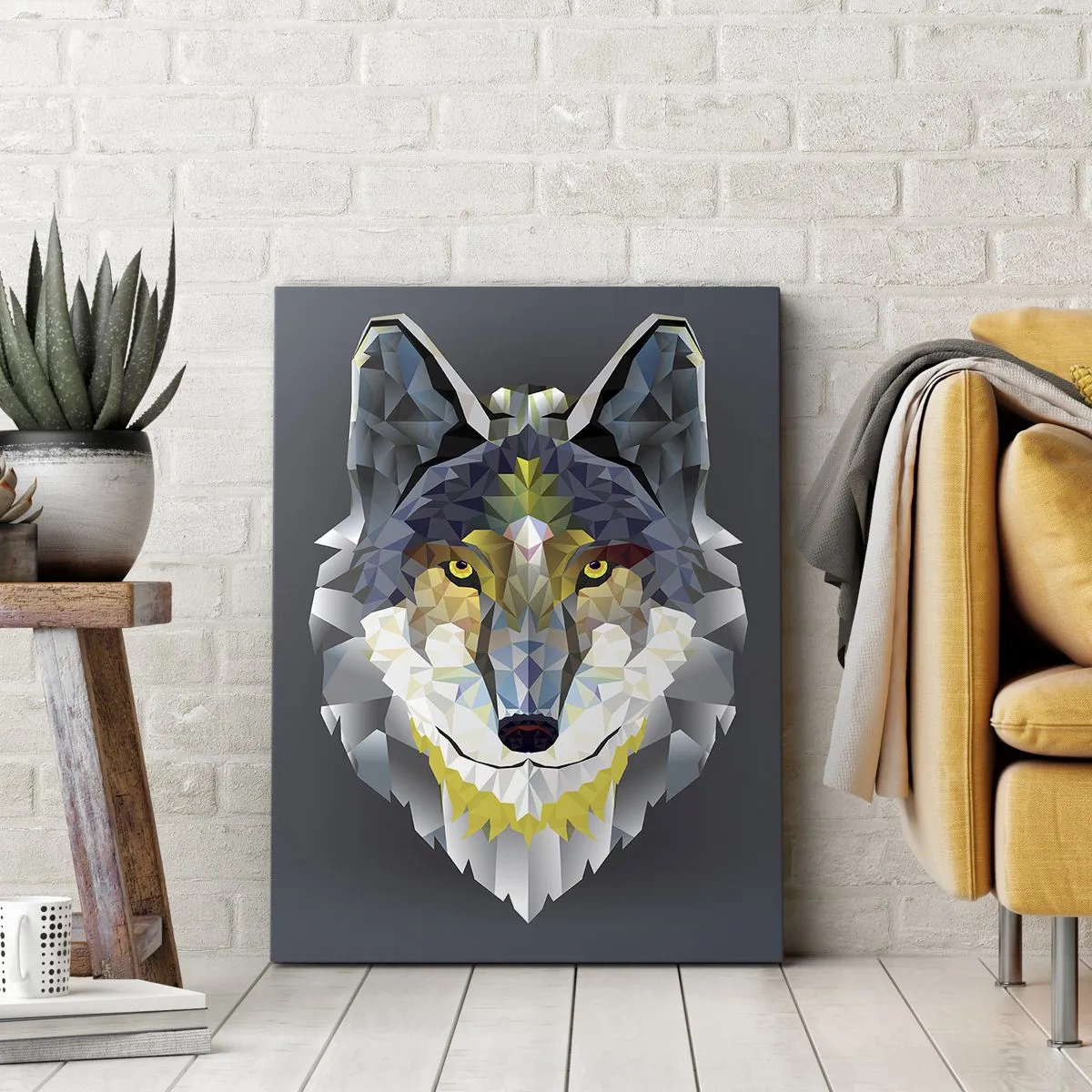 Bild auf Leinwand - Leinwandbild - Geometrisches Bild eines Wolfes auf grauem Hintergrund - 70x100cm - Vom Teufel sprechen - Moderne Wanddekoration für Wohnzimmer und Schlafzimmer ARTTOR
