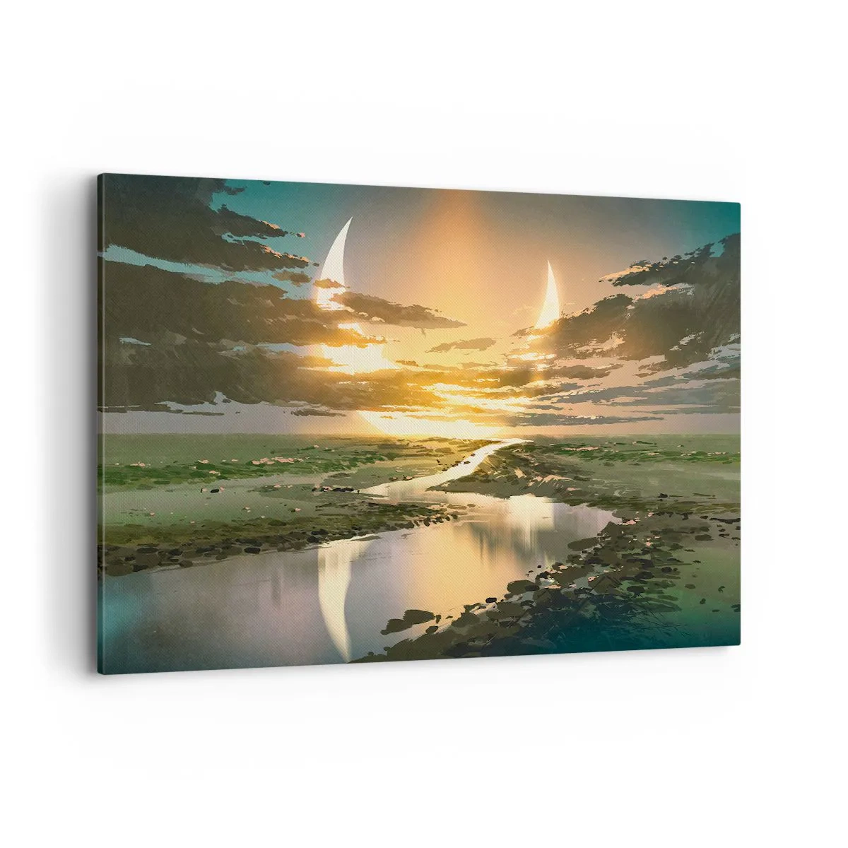 Bild auf Leinwand - Leinwandbild - Eine fantastische Landschaft mit zwei Monden am Horizont - 120x80cm - Irgendwo in einer weit, weit entfernten Galaxie - Moderne Wanddekoration für Wohnzimmer und Schlafzimmer ARTTOR