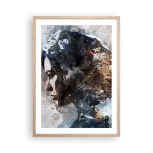 Poster in einem Rahmen aus heller Eiche - Eine Geschichte über ein Mädchen mit einer Stadt im Hintergrund - 50x70 cm