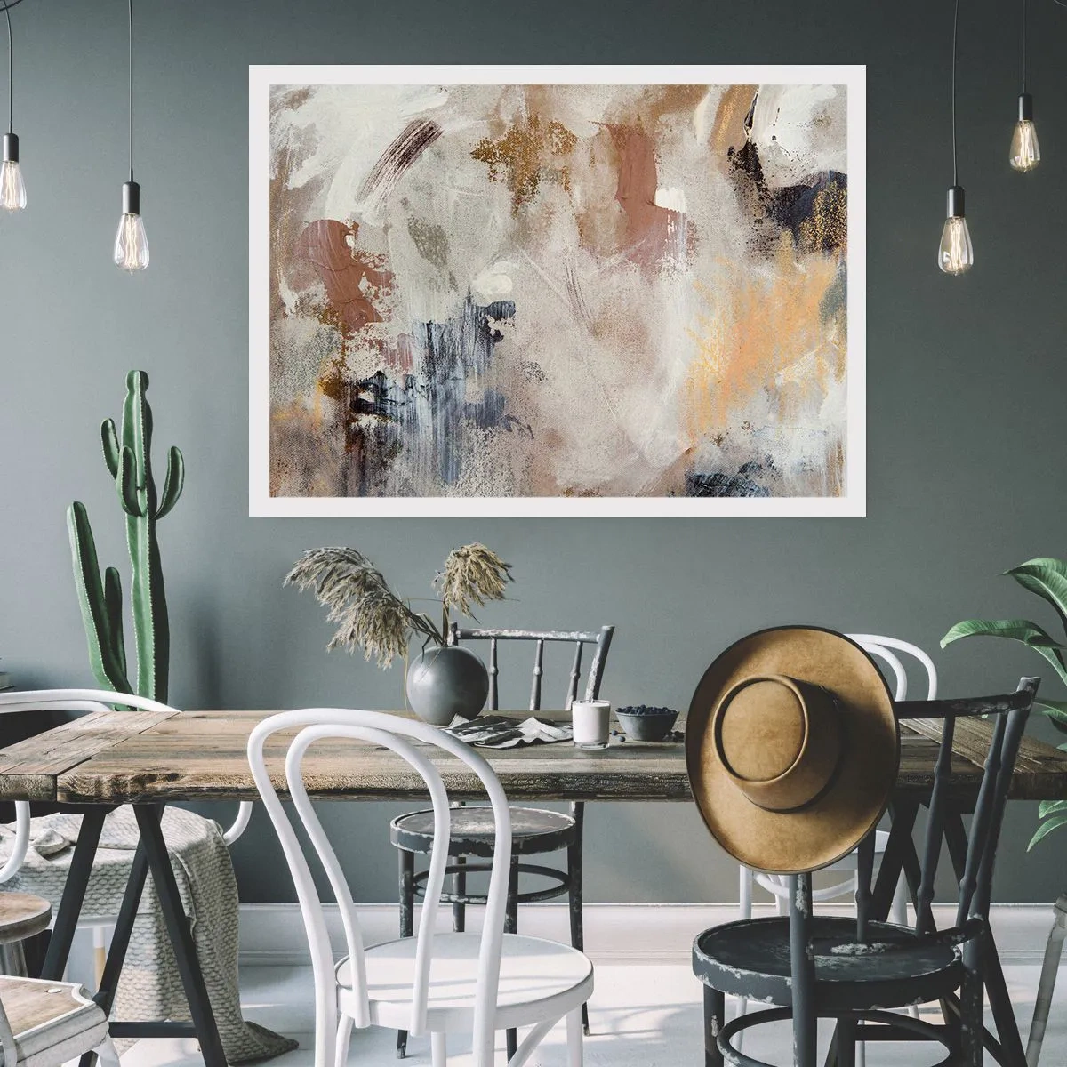 Poster - Abstrakte Punkte in gedeckten Beige- und Goldtönen - 100x70cm - Neblige Abstraktion - Moderne Wanddekoration für Wohnzimmer und Schlafzimmer ARTTOR