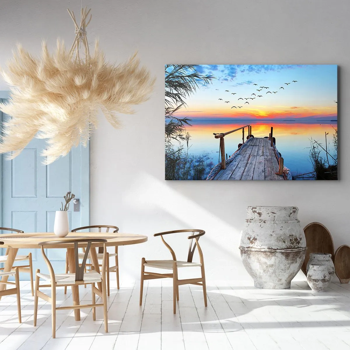 Bild auf Leinwand - Leinwandbild - Holzsteg über dem See bei Sonnenuntergang - 100x70cm - Es ist Zeit, zurückzukehren ... - Moderne Wanddekoration für Wohnzimmer und Schlafzimmer ARTTOR