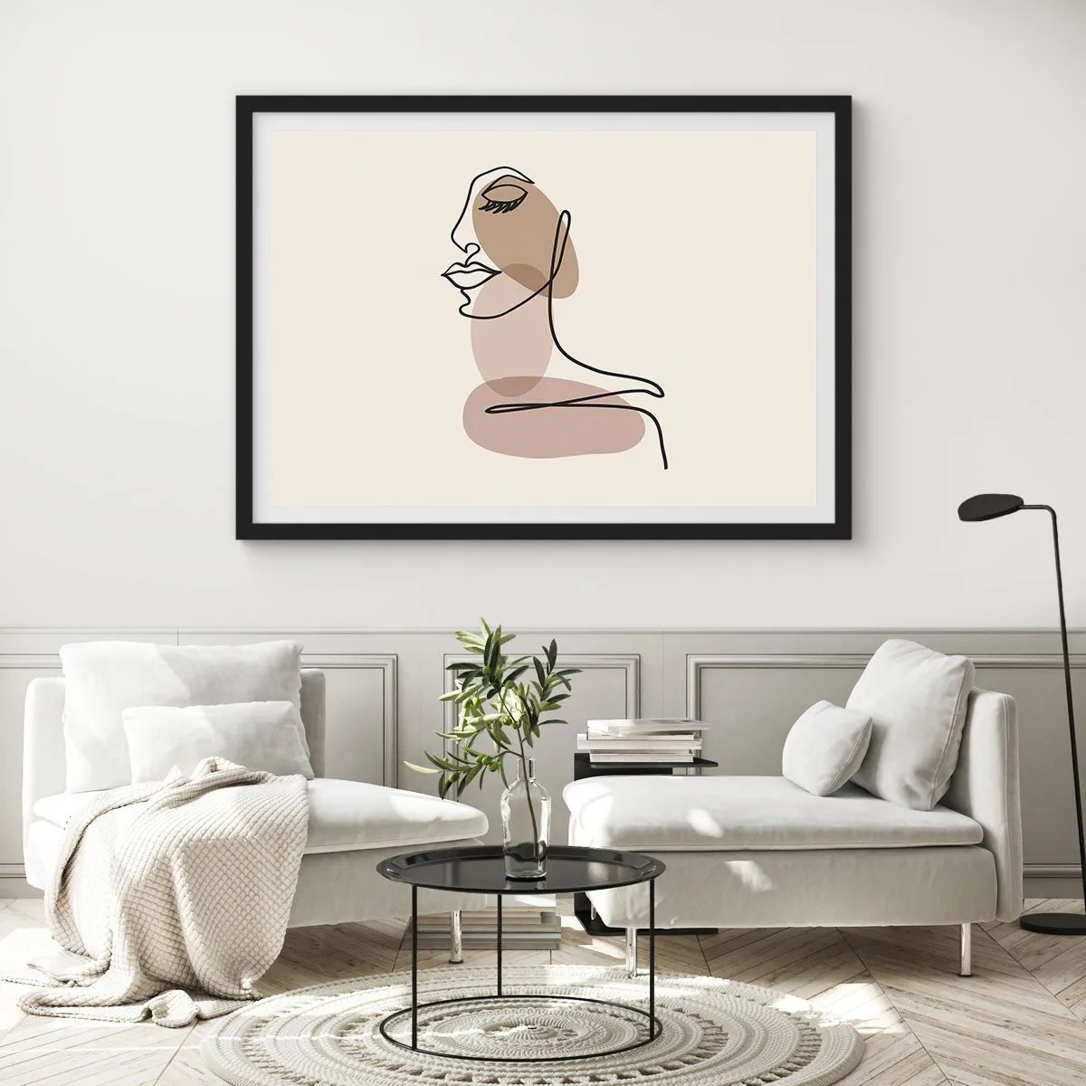 Poster in einem schwarzem Rahmen - Minimalistisches Frauengesicht mit abstrakten Flecken - 70x50cm - Sich selbst zugehört - Moderne Wanddekoration für Wohnzimmer und Schlafzimmer ARTTOR
