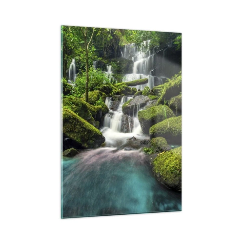 Glasbild - Bild auf glas - Ein exotischer Wasserfall, umgeben von üppigem Grün und türkisfarbenem Wasser - 50x70cm - Türkis, Saphire und flüssiges Silber - Moderne Wanddekoration für Wohnzimmer und Schlafzimmer ARTTOR