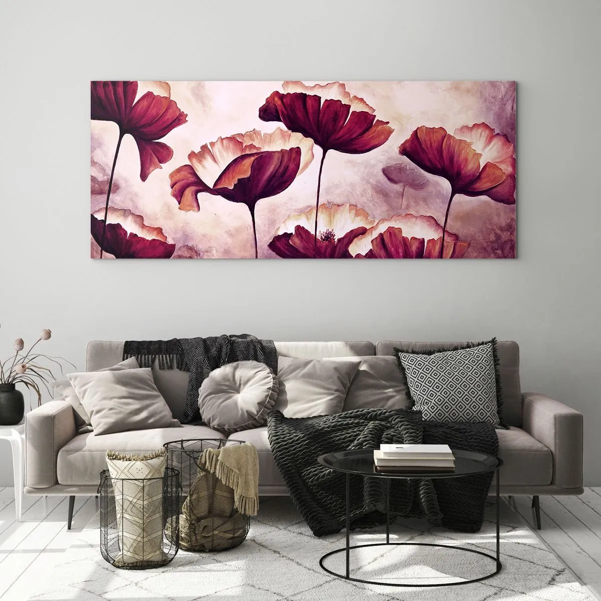 Glasbild - Bild auf glas - Blumen in Rot- und Weißtönen auf dezentem Hintergrund - 140x50cm - Rotes und weißes Blütenblatt - Moderne Wanddekoration für Wohnzimmer und Schlafzimmer ARTTOR