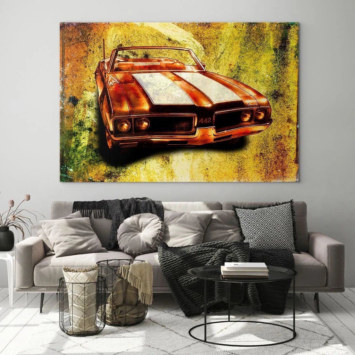 Glasbild - Bild auf glas - Ein klassisches Sportcabrio vor künstlerischer Kulisse - 120x80cm - In Formen verzauberte Kraft - Moderne Wanddekoration für Wohnzimmer und Schlafzimmer ARTTOR