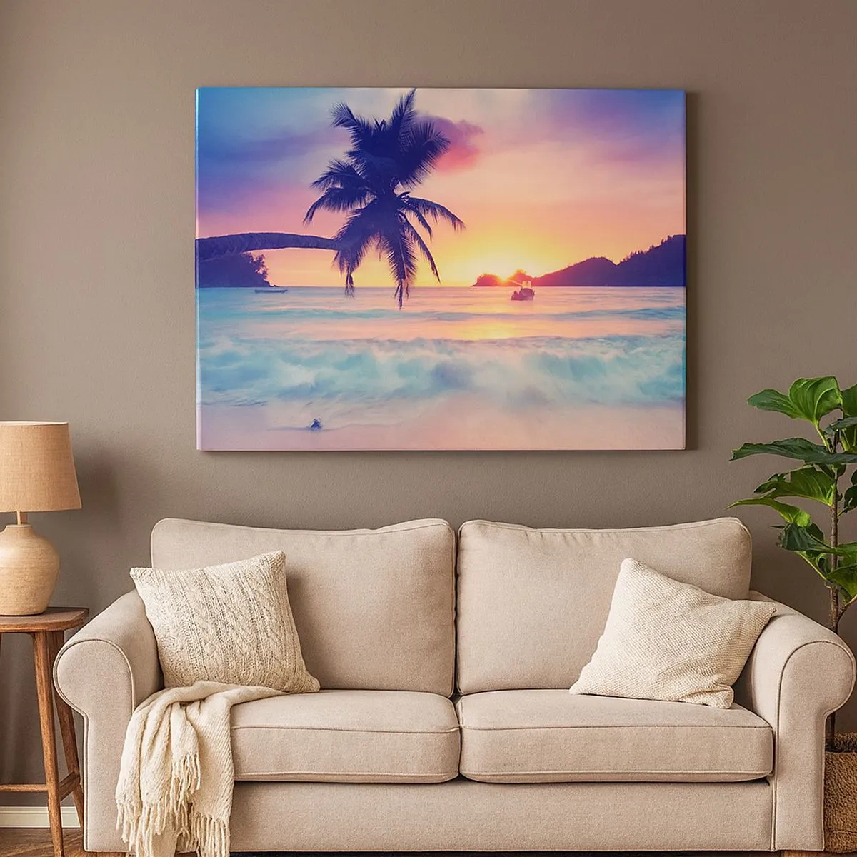 Bild auf Leinwand - Leinwandbild - Strand mit Palmen und Sonnenuntergang über dem Meer - 70x50cm - Ein Abend in der Bucht - Moderne Wanddekoration für Wohnzimmer und Schlafzimmer ARTTOR