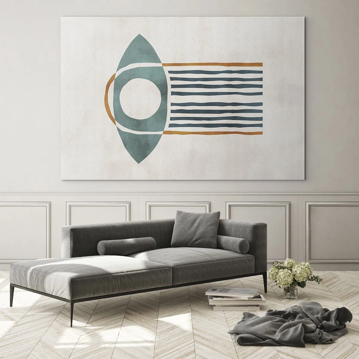 Glasbild - Bild auf glas - Geometrische Form mit einem Kreis und Linien in Grün- und Rottönen. - 120x80cm - Zeichen und Rituale - Moderne Wanddekoration für Wohnzimmer und Schlafzimmer ARTTOR