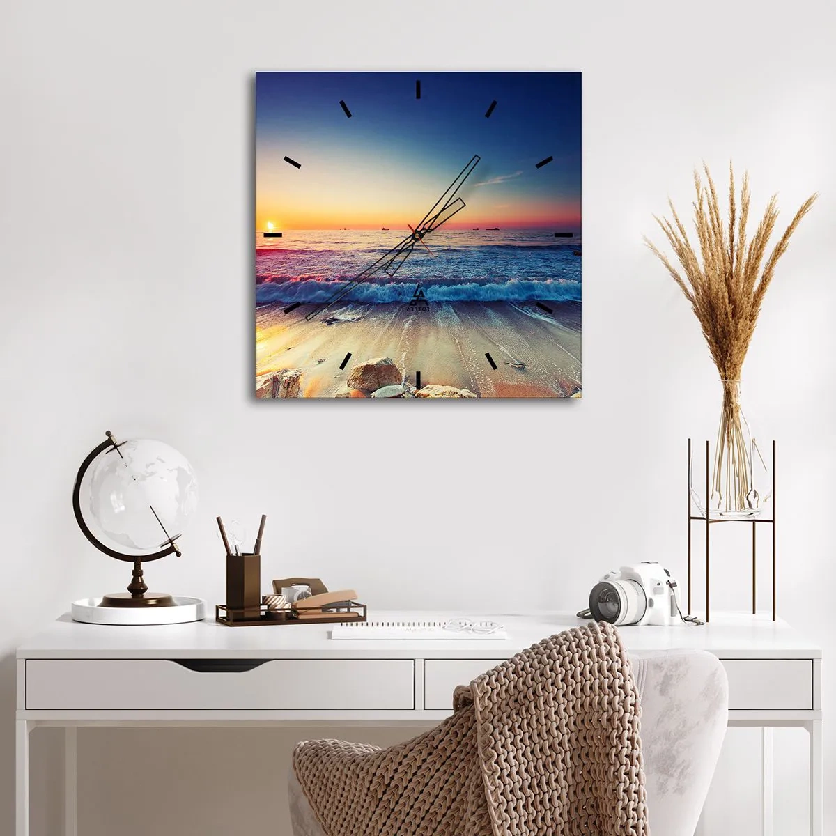 Wanduhr - Glasuhr - Sonnenuntergang über einem ruhigen Meer mit Wellen - 30x30cm - Was ist mit dem Horizont? - Moderne Wanddekoration für Wohnzimmer und Schlafzimmer ARTTOR