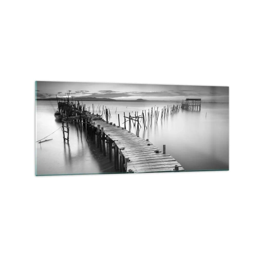 Glasbild - Bild auf glas - Ein Holzsteg an einem ruhigen See in Grautönen - 120x50cm - Der Frieden eines vergessenen Ufers - Moderne Wanddekoration für Wohnzimmer und Schlafzimmer ARTTOR
