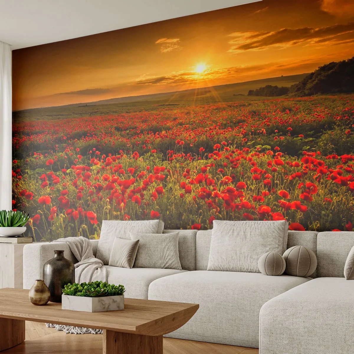 Fototapete Premium Canvas - Unter den Wellen raschelnder Wiesen, unter den Blumen der Flut - Landschaft, Blumen, Mohnblumen - 300x210 cm