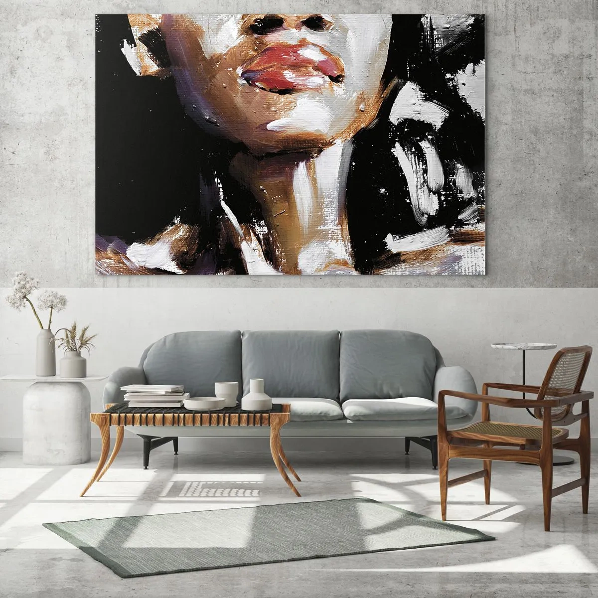 Glasbild - Bild auf glas - Nahaufnahme eines farbenfrohen Frauenporträts im ausdrucksstarken Stil - 100x70cm - Stolz ohne Vorurteile - Moderne Wanddekoration für Wohnzimmer und Schlafzimmer ARTTOR