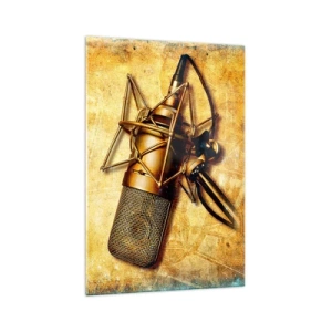 Glasbild - Bild auf glas - Ein goldenes Studiomikrofon vor einem Vintage-Hintergrund in warmen Tönen. - 70x100cm - Die goldenen Jahre des Radios - Moderne Wanddekoration für Wohnzimmer und Schlafzimmer ARTTOR
