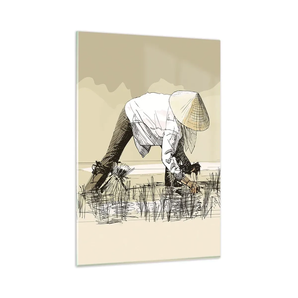 Glasbild - Bild auf glas - Bauern bei der Arbeit auf einem Reisfeld mit traditioneller Kopfbedeckung - 80x120cm - Erfolgreiche Ernte - Moderne Wanddekoration für Wohnzimmer und Schlafzimmer ARTTOR